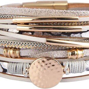 Leather Wrap Bracelet Women Gold Plated Crescent Cuff Bohemian Jewelry Gift